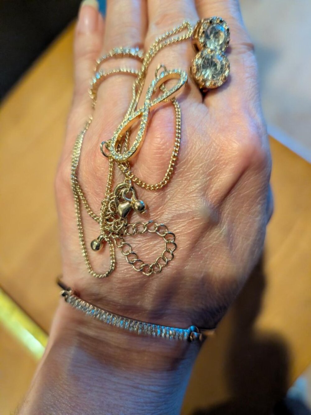 Vintage Gold Toned Jewelry Set: Rhinestone Bracelet, Necklace, Earrings, Ring